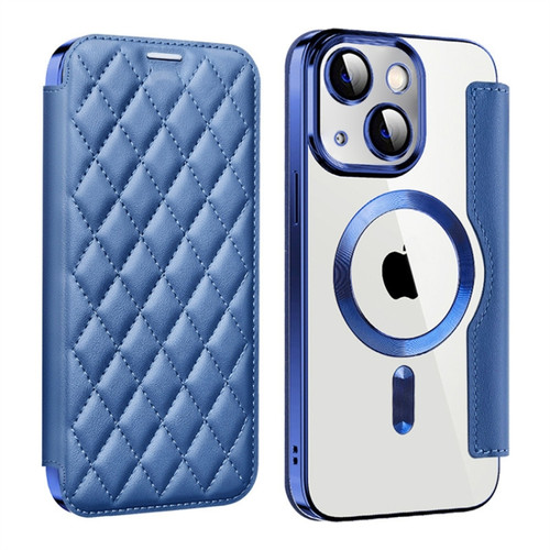 iPhone 14 Shield Magsafe RFID Anti-theft Rhombus Leather Phone Case - Dark Blue