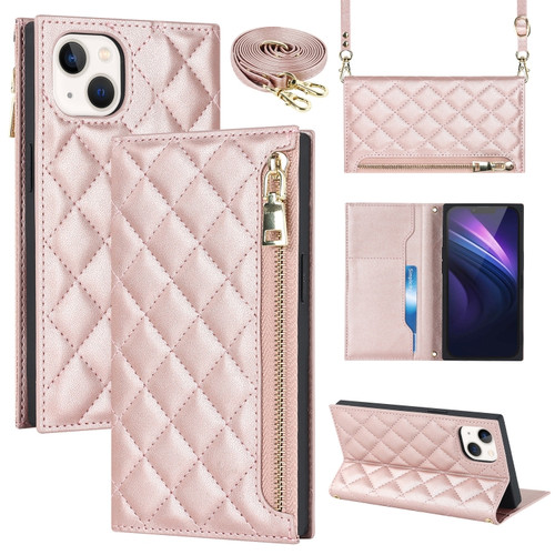 iPhone 14 Grid Texture Lanyard Zipper Leather Phone Case - Rose Gold