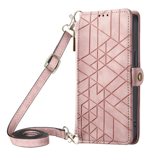 iPhone 14 Geometric Zipper Wallet Side Buckle Leather Phone Case with Crossbody Lanyard - Pink