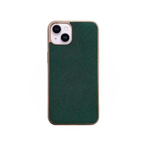 iPhone 14 Nano Electroplating Cross Texture Genuine Leather Phone Case - Green