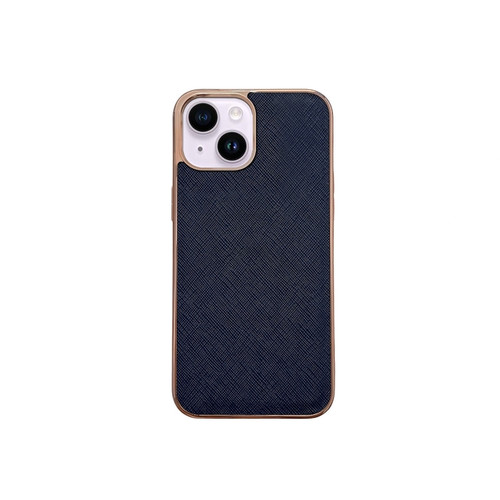iPhone 14 Nano Electroplating Cross Texture Genuine Leather Phone Case - Blue