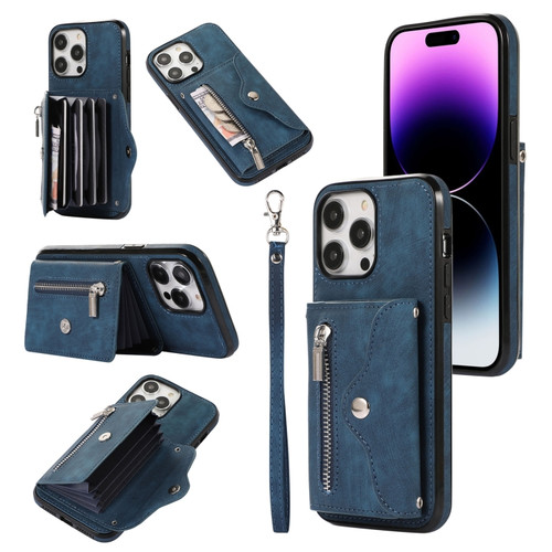 iPhone 14 Zipper RFID Card Slot Phone Case with Short Lanyard - Blue