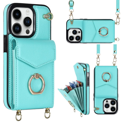 iPhone 14 Ring Holder RFID Card Slot Phone Case with Long Lanyard - Mint Green
