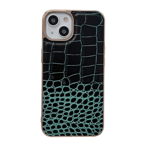 iPhone 14 Crocodile Texture Genuine Leather Nano Electroplating Phone Case  - Dark Green