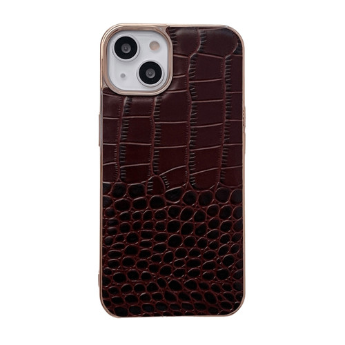 iPhone 14 Crocodile Texture Genuine Leather Nano Electroplating Phone Case  - Coffee