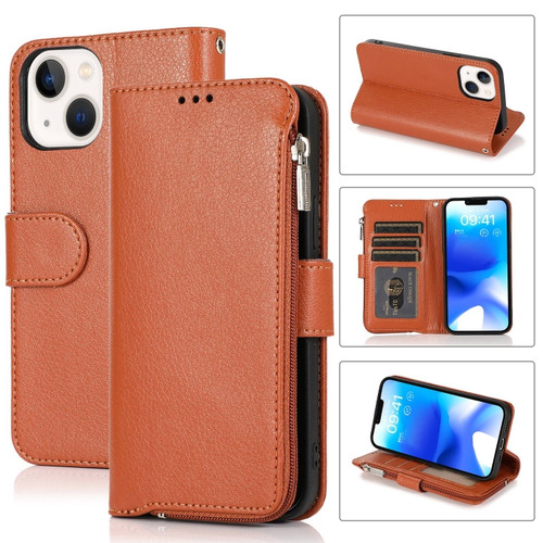 iPhone 14 Microfiber Zipper Leather Phone Case - Brown