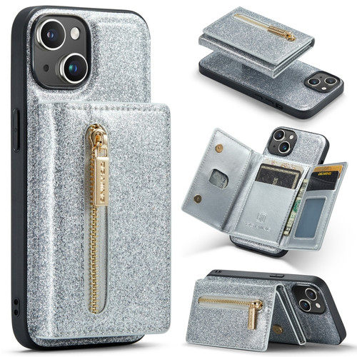 iPhone 14 DG.MING M3 Series Glitter Powder Card Bag Leather Case - Silver