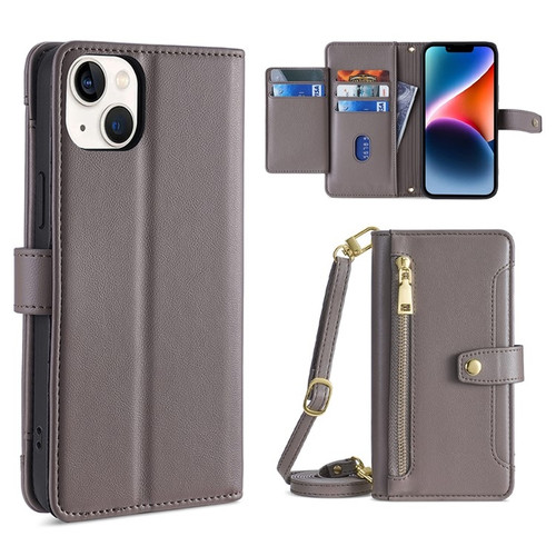 iPhone 14 Sheep Texture Cross-body Zipper Wallet Leather Phone Case - Grey