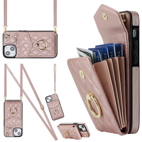 iPhone 14 Rhombic Texture Card Bag Phone Case with Long Lanyard - Rose Gold