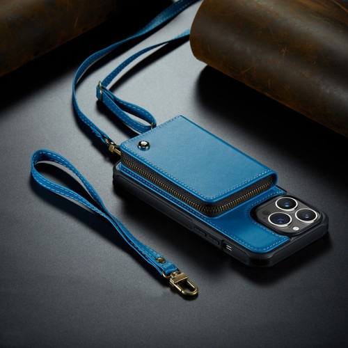 iPhone 14 JEEHOOD C22 Series Zipper Wallet Phone Case with Long and Short Lanyard - Blue