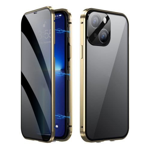 iPhone 14 Dual-Lock Anti-peeping Glass 360 Full Body Frosted Magnetic Phone Case - Gold