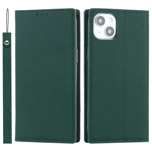 iPhone 14 Litchi Texture Genuine Leather Phone Case - Dark Green