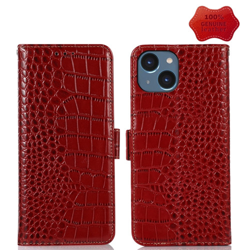 iPhone 14 Crocodile Top Layer Cowhide Leather Phone Case  - Red