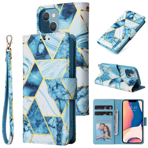 iPhone 14 Plus Marble Bronzing Stitching Horizontal Flip PU Leather Case  - Blue