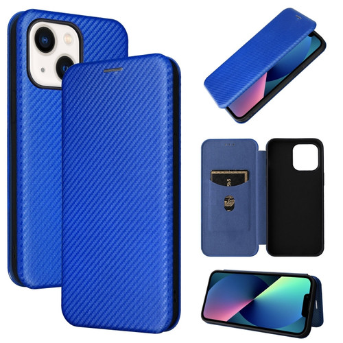 iPhone 14 Plus Carbon Fiber Texture Flip Leather Phone Case   - Blue