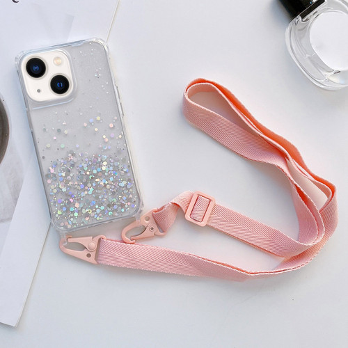 iPhone 14 Plus Lanyard Glitter Epoxy Clear Phone Case - Pink