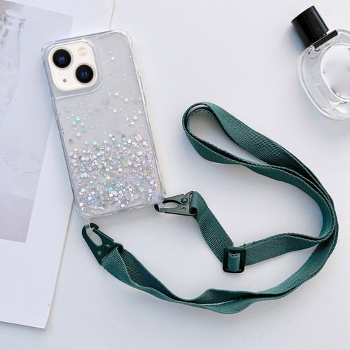 iPhone 14 Plus Lanyard Glitter Epoxy Clear Phone Case - Dark Green