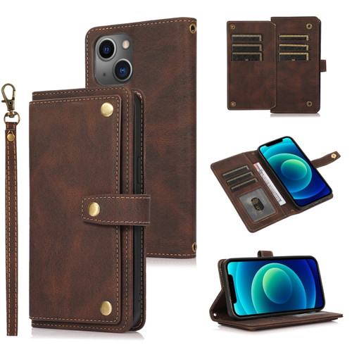 iPhone 14 Plus Lanyard Leather Phone Case  - Brown
