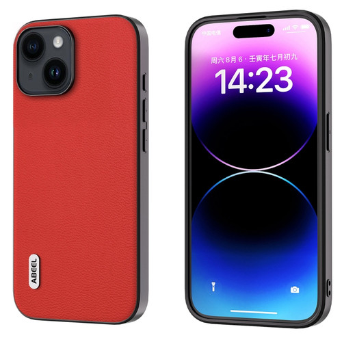 iPhone 14 Plus ABEEL Genuine Leather Luolai Series Phone Case - Red