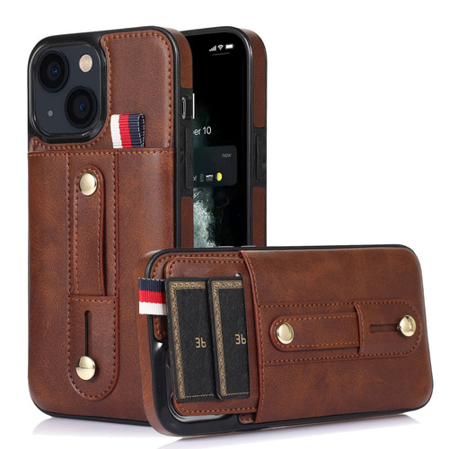 iPhone 14 Plus Wristband Kickstand Wallet Leather Phone Case - Brown