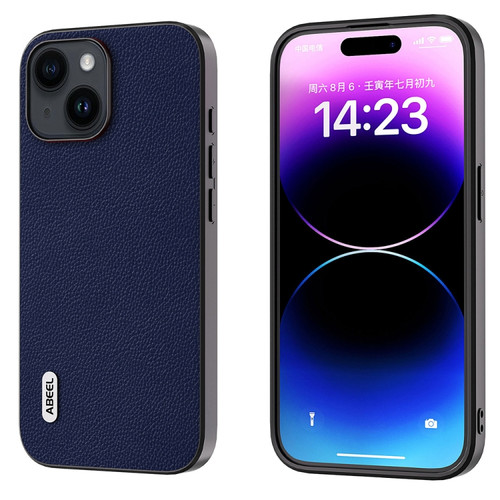 iPhone 14 Plus ABEEL Black Edge Genuine Leather Mino Phone Case - Royal Blue
