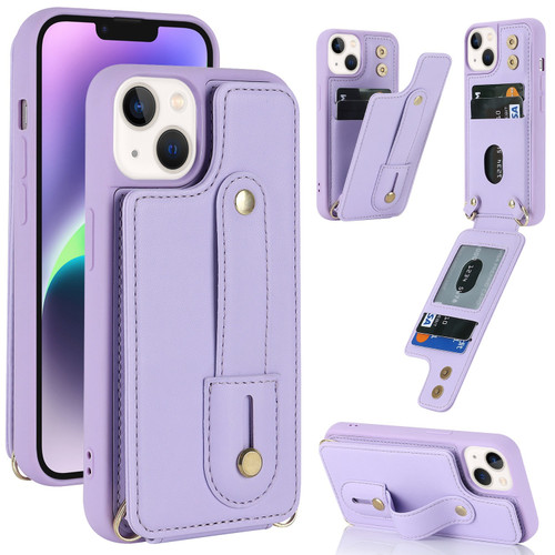 iPhone 14 Plus Wristband Vertical Flip Wallet Back Cover Phone Case - Purple