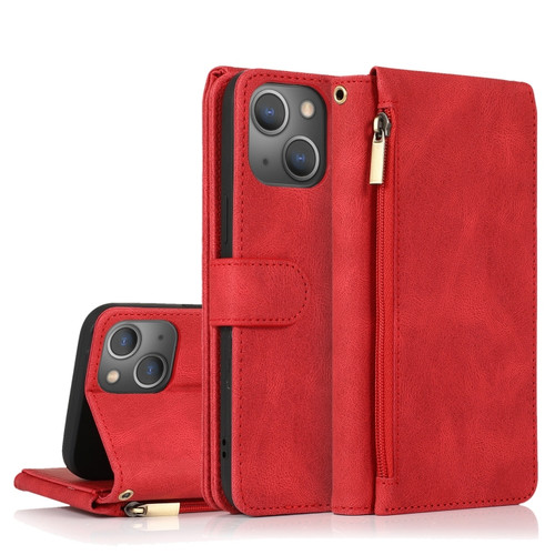 iPhone 14 Plus Zipper Wallet Bag Leather Case  - Red