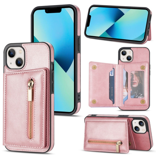 iPhone 14 Plus Zipper Card Holder Phone Case  - Rose Gold
