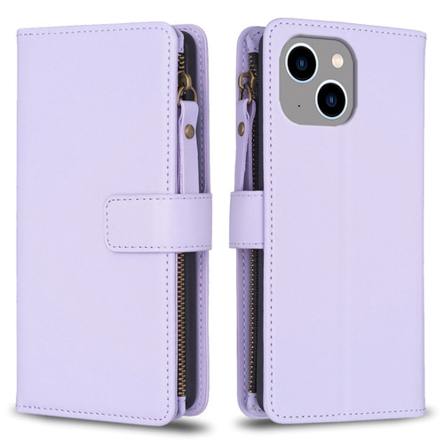 iPhone 14 Plus 9 Card Slots Zipper Wallet Leather Flip Phone Case - Light Purple