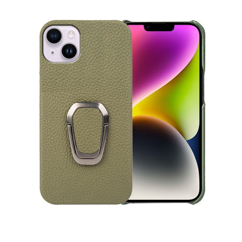 iPhone 14 Plus Ring Holder Litchi Texture Genuine Leather Phone Case - Green