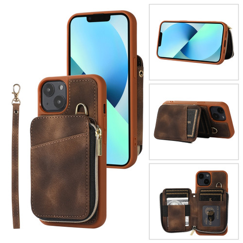 iPhone 14 Plus Zipper Card Bag Back Cover Phone Case - Brown