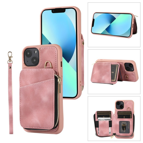 iPhone 14 Plus Zipper Card Bag Back Cover Phone Case - Pink