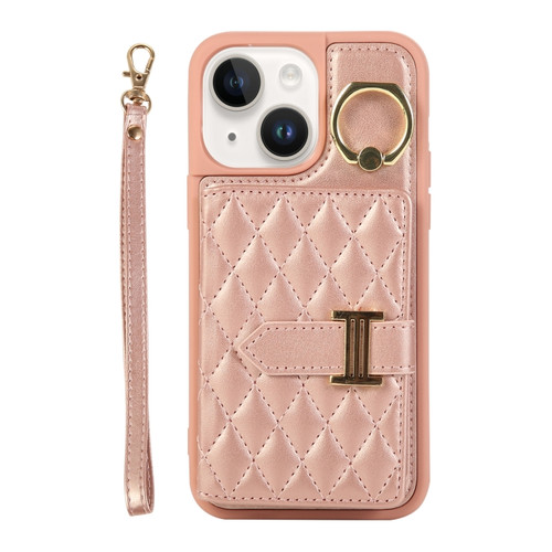 iPhone 14 Plus Horizontal Card Bag Ring Holder Phone Case with Dual Lanyard - Rose Gold