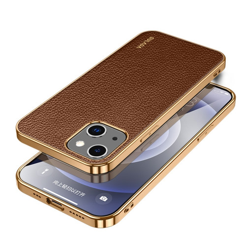 iPhone 14 Plus SULADA Shockproof TPU + Handmade Leather Phone Case - Borwn