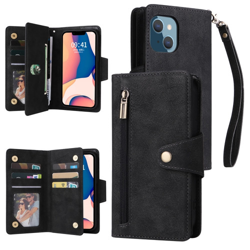 iPhone 14 Plus Rivet Buckle 9 Cards Three Fold Leather Phone Case  - Black