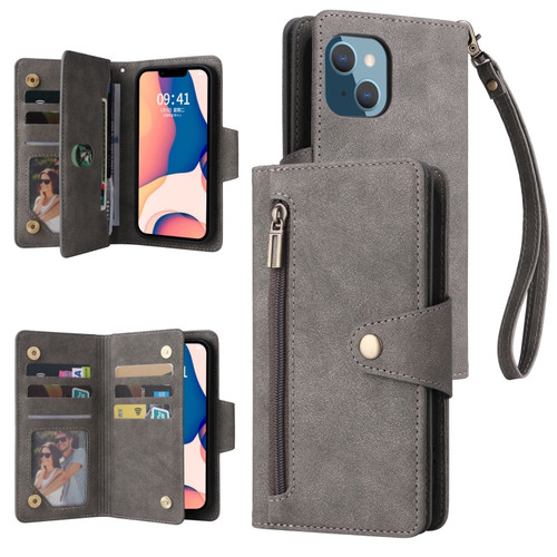 iPhone 14 Plus Rivet Buckle 9 Cards Three Fold Leather Phone Case  - Grey