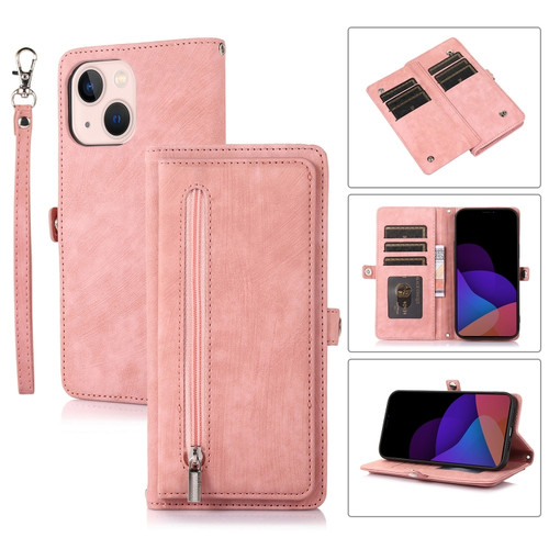 iPhone 14 Plus Zipper Card Slot Buckle Wallet Leather Phone Case  - Rose Gold