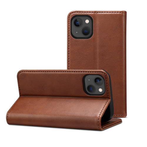 iPhone 14 Plus Calf Texture Horizontal Flip Leather Phone Case  - Brown