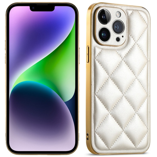 iPhone 14 Plus Suteni Electroplated Big Diamond Grid Leather Soft TPU Phone Case - White
