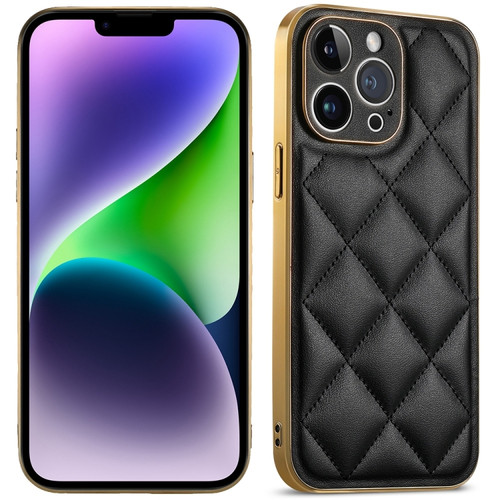 iPhone 14 Plus Suteni Electroplated Big Diamond Grid Leather Soft TPU Phone Case - Black