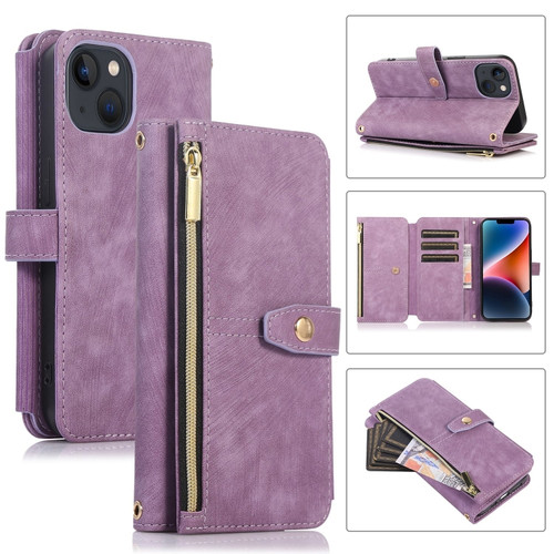 iPhone 14 Plus Dream 9-Card Wallet Zipper Bag Leather Phone Case - Purple