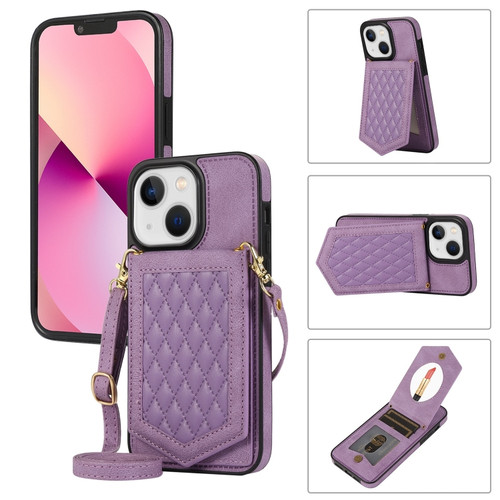 iPhone 14 Plus Rhombic Texture RFID Phone Case with Lanyard & Mirror - Purple