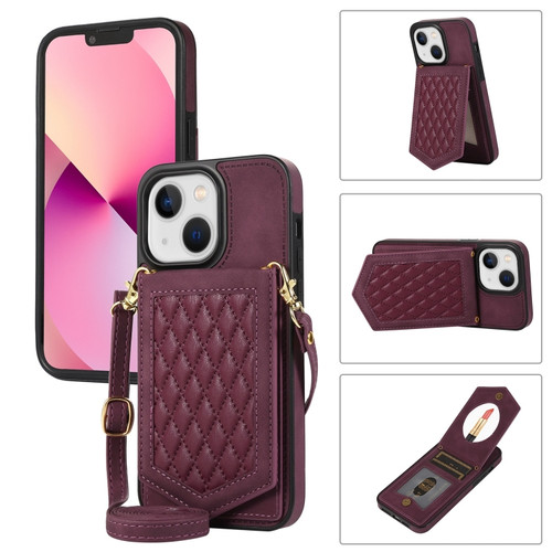 iPhone 14 Plus Rhombic Texture RFID Phone Case with Lanyard & Mirror - Wine Red