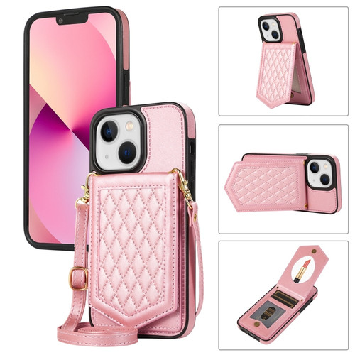 iPhone 14 Plus Rhombic Texture RFID Phone Case with Lanyard & Mirror - Rose Gold