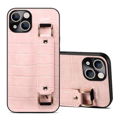 iPhone 14 Plus Crocodile Wristband Wallet Leather Back Cover Phone Case - Pink