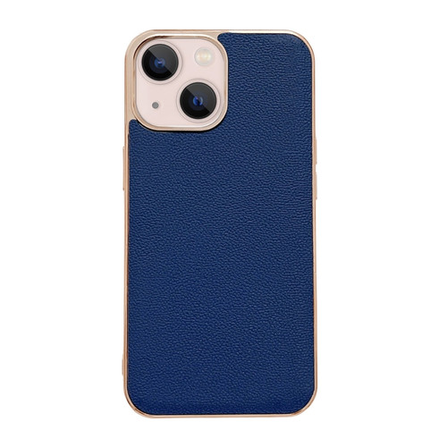 iPhone 14 Plus Genuine Leather Luolai Series Nano Electroplating Phone Case  - Dark Blue