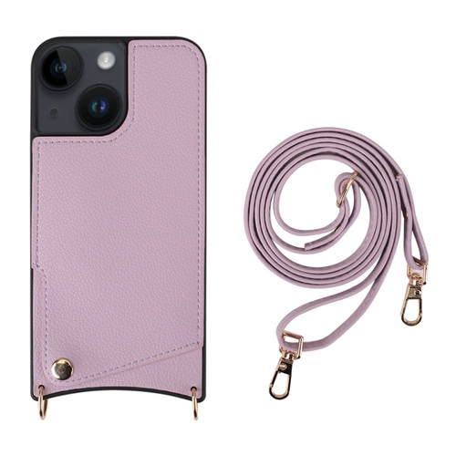iPhone 14 Plus Fish Tail Card Slot PU + TPU Phone Case with Long Lanyard - Purple
