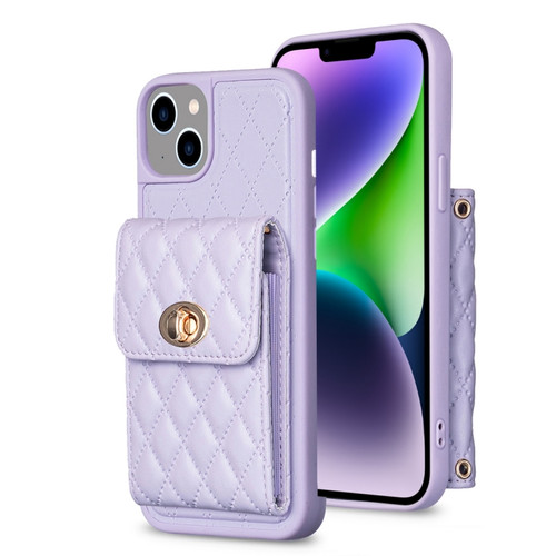 iPhone 14 Plus Vertical Metal Buckle Wallet Rhombic Leather Phone Case - Purple