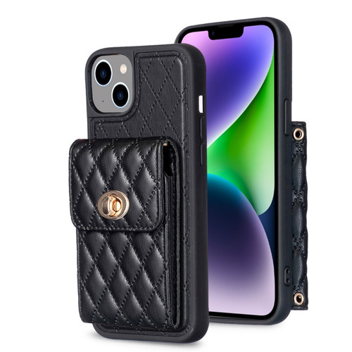 iPhone 14 Plus Vertical Metal Buckle Wallet Rhombic Leather Phone Case - Black