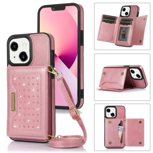iPhone 14 Plus Three-fold RFID Leather Phone Case with Lanyard - Rose Gold